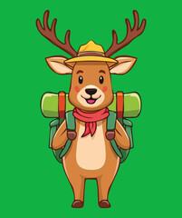 Adventurous Cartoon Reindeer Animal Illustration Ready for Hiking with a Backpack and Red Scarf