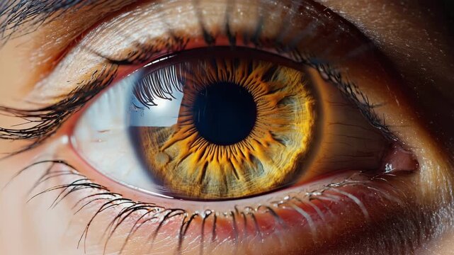 Growing pupil closeup, black pupil in human eye open up or dilate