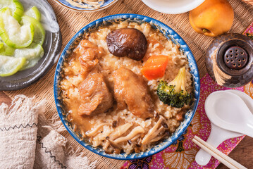 Stir fried chicken and mushroom over rice, Chinese food