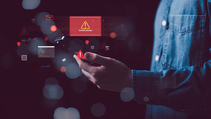 Cybersecurity alert concept showing a hacked system notification on mobile, representing internet data protection, online privacy breach, malware attack, and digital threat prevention.
