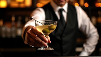 Bartender in a vest holds out a martini glass with olives in a dimly lit bar setting - Powered by Adobe