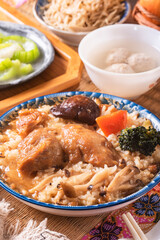 Stir fried chicken and mushroom over rice, Chinese food