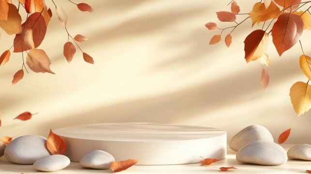 Autumnal product display, round platform, stones, leaves, sunlight, fall marketing