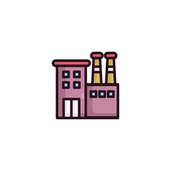Cartoon Style Factory Icon with Pink Building Red Roof and Yellow Chimneys on a Transparent Background