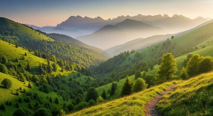 Obraz premium Golden hour sunlight illuminates lush green mountain valley with distant peaks
