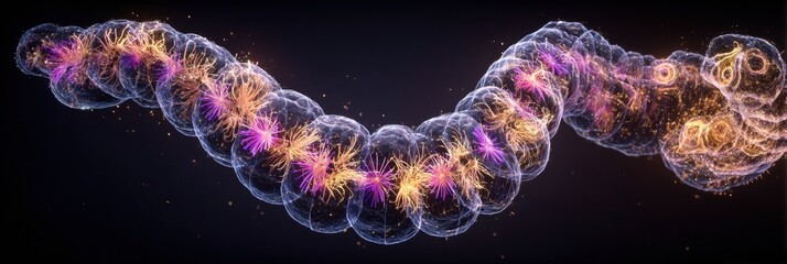 Colorful Abstract Representation of a Microscopic Organism in a Dark Background Exhibiting Dynamic Movement and Vibrant Particle Effects