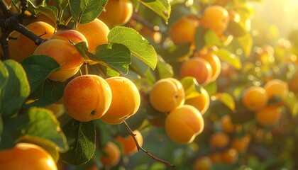 Lush Apricot Tree with Ripe Orange Fruit Bathed in Golden Sunlight.