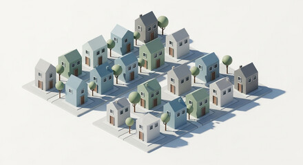 Fototapeta premium Isometric view of a charming neighborhood with pastelcolored houses and lush green trees, creating a serene and inviting atmosphere isolated on white background