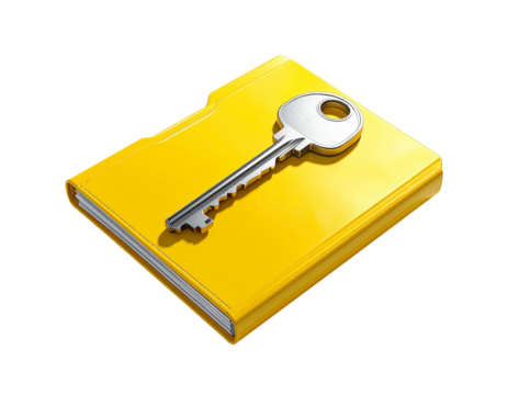 Secure Yellow Folder with Metal Key Symbolizing Data Protection isolated on transparent background