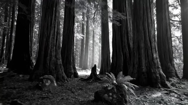 Black and white forest scene with tall trees and sunlight