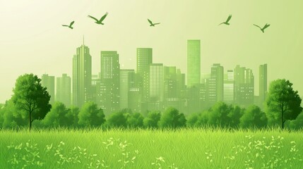 Green City Skyline Birds Fly Over Lush Greenery