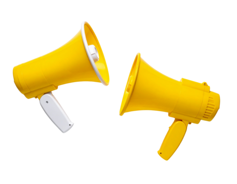 Professional Yellow Handheld Loudspeaker with Realistic Shadow isolated on transparent background - Powered by Adobe