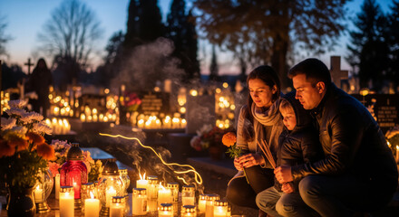 A family with a child honoring ancestors at a grave in a cemetery. Parents and son lighting candles at night. All Souls' Day remembrance tradition