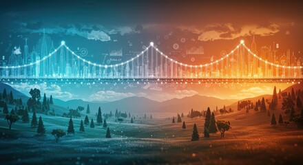Dynamic digital cityscape bridge connects vibrant nature landscape, representing future innovation and global connection with dual blue and orange light.