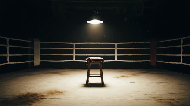 Boxing ring with illuminated stool in a dark room