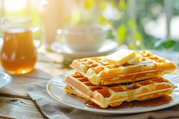 Crispy golden waffles with syrup and butter, placed by window with warm morning sunlight background, cozy breakfast vibe.