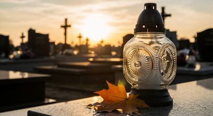 A grave lantern and an autumn leaf on a tombstone in a cemetery at sunset. All Souls' Day remembrance concept