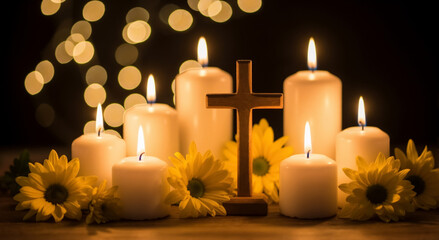 A wooden cross with lit candles and yellow flowers for All Souls' Day. Christian symbol of faith and remembrance. Memorial concept with a warm bokeh background