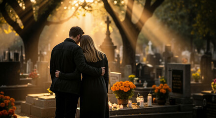 Obraz premium Couple mourning in a cemetery during All Souls' Day. Man and woman comforting each other at a grave. Remembrance and grief concept with golden sunlight
