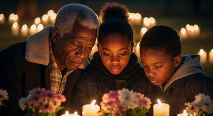 Grandfather with grandchildren at a candlelight vigil. Family remembering loved ones on All Souls' Day. Somber memorial service at night