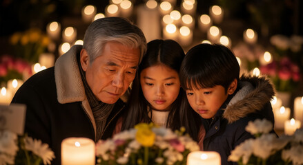 An Asian grandfather with his grandchildren at a candlelight vigil. Family paying respects at a memorial on All Souls' Day. Solemn moment of remembrance and tradition