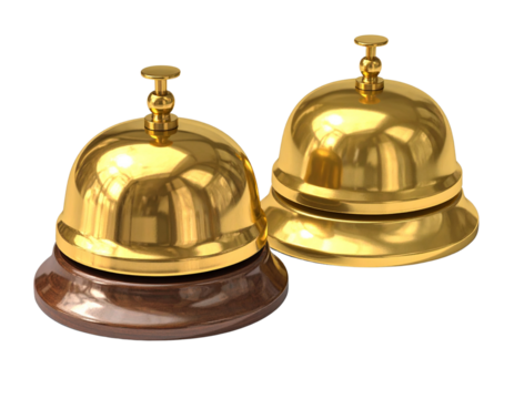 Elegant golden reception desk bell for hospitality isolated on transparent background