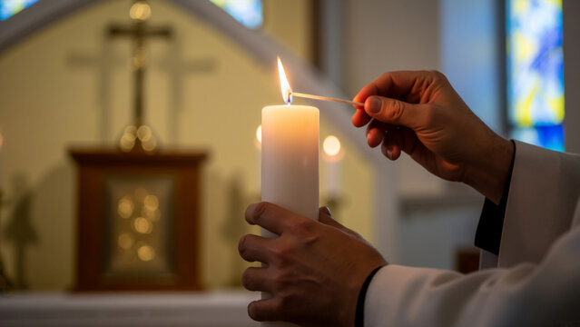 Close-up of hands lighting a candle in a church. Religious ceremony for All Souls' Day. Concept of faith, prayer, and remembrance