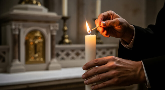 A person's hands lighting a candle in a church. Solemn prayer and remembrance for All Souls' Day. Concept of faith, hope, and spirituality