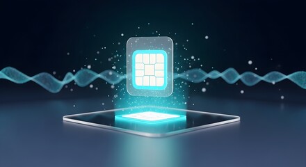  Futuristic glowing sim card or E sim symbol.