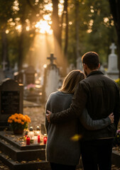 Obraz premium Grieving couple embracing at a grave in a sunlit cemetery. Man and woman mourning a loss on All Souls' Day. Remembrance and support concept