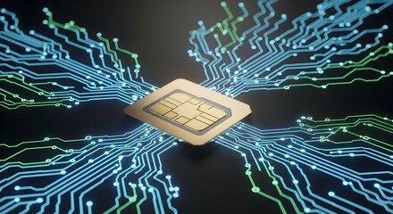  eSIM chip with green circuit design on a dark digital background.
