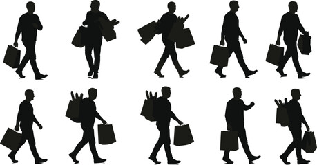 Silhouette of man walking with shopping bags, carrying groceries, black and white vector illustration symbolizing lifestyle, consumerism, and daily routine.
