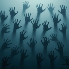 Many Hands Reaching Out From The Fog.