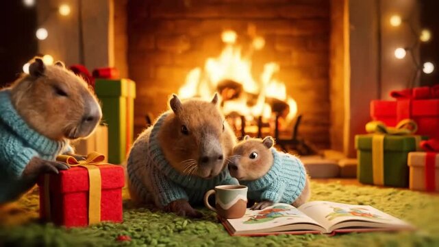 A cute 3D animation of a capybara family in matching sweaters sitting by a glowing fireplace surrounded by gifts and soft holiday fairy lights