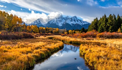 Autumnal Grand Teton Reflection - Serene River Scene in Wyoming.