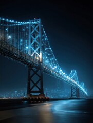 Obraz premium Bridge Illuminated by Blue Lights at Night With City Skyline in Background and Calm Water Reflecting the Stunning View
