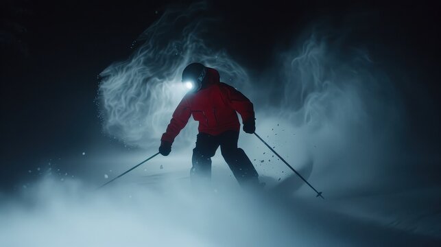 Night skier with headlamp in dramatic misty snow, winter sport adventure - Powered by Adobe