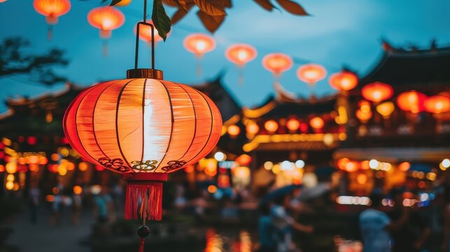 Illuminated Red Chinese Lanterns Hanging in a Festive Traditional Asian Night Market