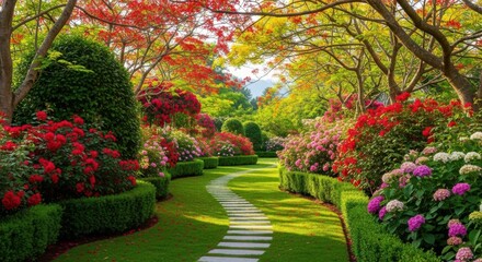 Obraz premium Enchanting garden path lined with vibrant flowers and lush greenery