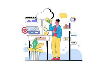 Man Tending Potted Plant Amidst Data Analytics and Cloud Computing Graphics on White Background Minimalist Vector Illustration