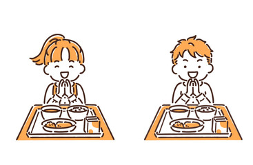 手を合わせて給食を食べようとしている小学生の男の子と女の子セット