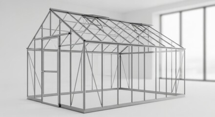 Modern glass greenhouse structure with aluminum frame and clear panels