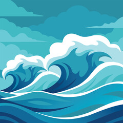 Stylized Blue Ocean Waves Under Cloudy Sky water nature