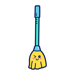 Cartoon Style Yellow Mop with Blue Handle and Adorable Wink Emoji on Transparent Background for Cleaning Supplies and Cute Household Item