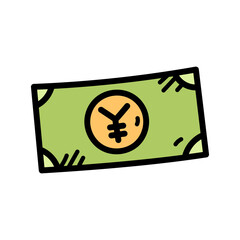 Cartoon Style Yen Currency Illustration on Transparent Background Vector Icon Flat Design Japanese Money Green and Yellow Color Scheme Doodle Style