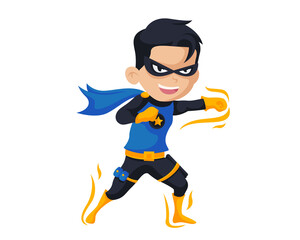 Cartoon Superhero Boy with Dark Blue Hair and Blue Costume with Orange Gauntlets and Boots on Transparent Background in Fighting Pose