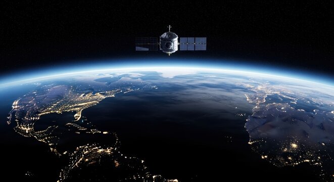 Satellite orbiting Earth at night, city lights visible below