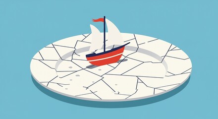 Red boat stuck in cracked ice on a plate.