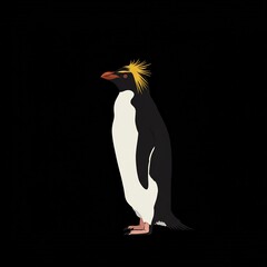 Rockhopper Penguin Standing Black Background Minimalist Style.