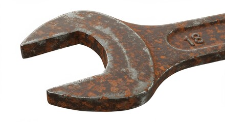 Close up of a rusty metal wrench on a white background.
